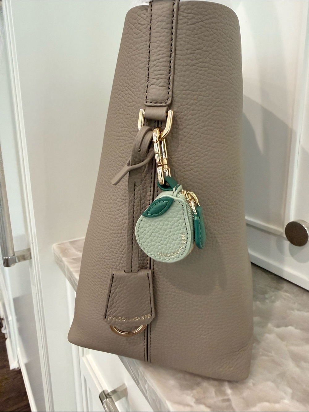NWT Maison de Sabre Grey Leather Bucket Soft Tote Bag with bag charm - Picture 12 of 16